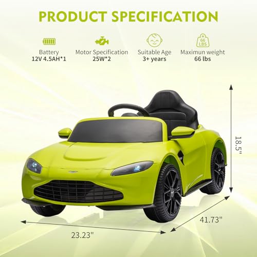 Garvee Ride - P Series: 12V Ride on Sports Car for Kids Licensed Aston Martin Battery Powered Car Toddles Ride on Toy with Remote Control, Horn, Soft Start, LED Lights, Music, USB, Electric Vehicle for Boys Girls (Green)
