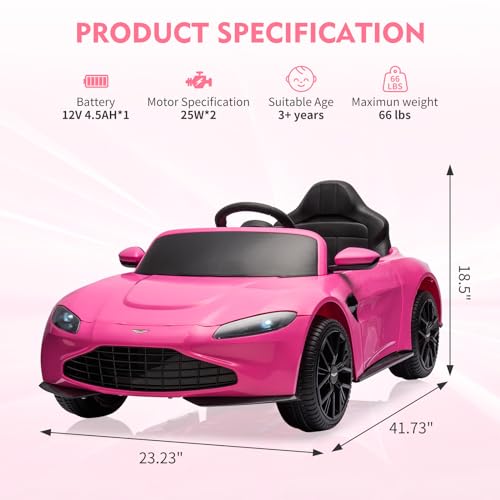 Garvee Ride - P Series: 12V Ride on Sports Car for Kids Licensed Aston Martin Battery Powered Car Toddles Ride on Toy with Remote Control, Horn, Soft Start, LED Lights, Music, USB, Electric Vehicle for Boys Girls (Pink)