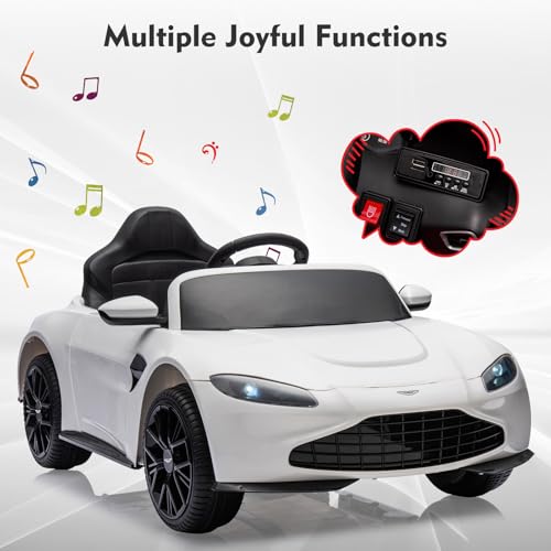 Garvee Ride - P Series: 12V Ride on Sports Car for Kids Licensed Aston Martin Battery Powered Car Toddles Ride on Toy with Remote Control, Horn, Soft Start, LED Lights, Music, USB, Electric Vehicle for Boys Girls (White)