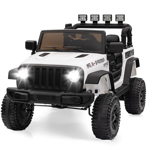 Garvee Ride - P Series: 12V Kids Electric Vehicles with Remote Control, 2 Speeds, Spring Suspension, LED Headlight, Bluetooth, Music, Battery Powered Car for Kids - White