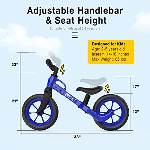 Garvee Upgraded Balance Bike for 2 3 4 5 Year Old Kids Boys Girls 12-Inch Wheels Training Bike No Pedal Adjustable Seat & Handlebar Height (New Blue)
