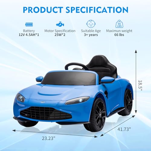 Garvee Ride - P Series: 12V Ride on Sports Car for Kids Licensed Aston Martin Battery Powered Car Toddles Ride on Toy with Remote Control, Horn, Soft Start, LED Lights, Music, USB, Electric Vehicle for Boys Girls (Blue)