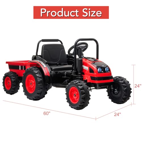 Garvee Ride - P Series: 12V Electric Ride-On Tractor for Kids with Trailer, Remote Control, Music, LED Lights, and Rear Wheel Suspension - Battery Powered Toy Vehicle - Red