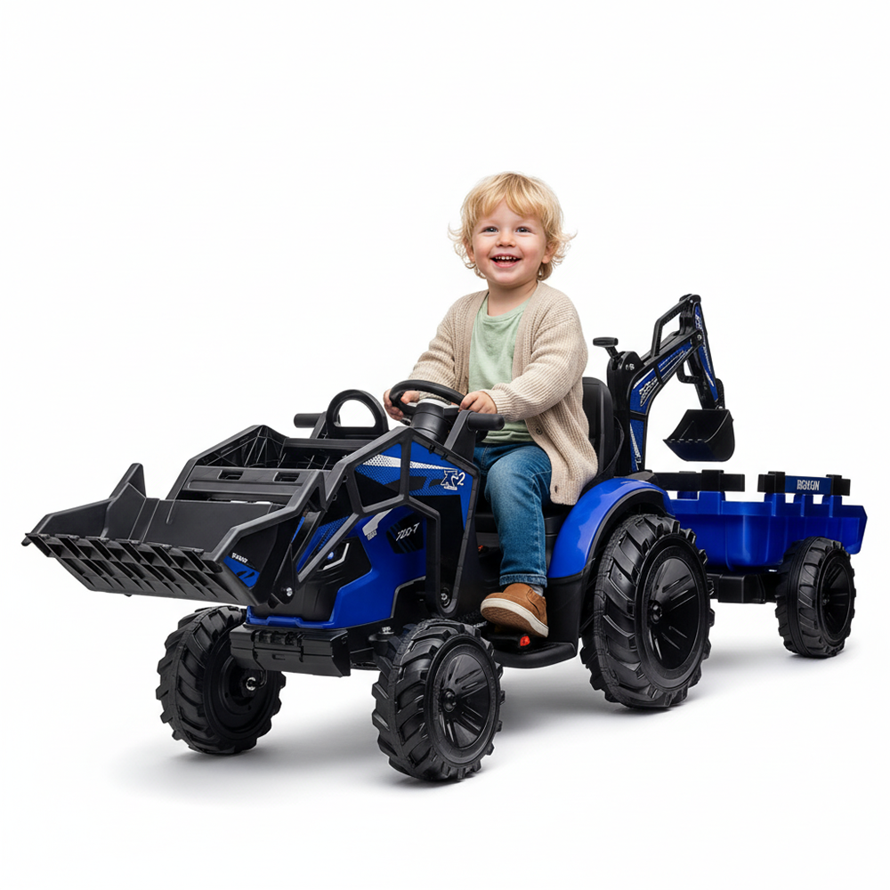 Garvee Ride P Series 3-in-1 Ride-On Tractor, 24V Electric, Excavator & Bulldozer, Remote Control, LED, Music, USB/Bluetooth max 66 lbs - Bright-blue