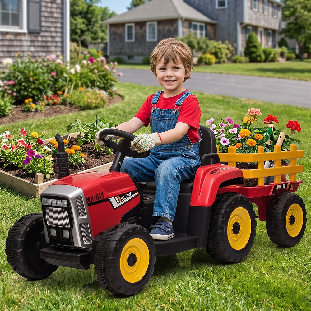 Garvee Ride - P Series: 12V Electric Tractor & Trailer for Kids, 3-6 Yrs - With RC - Red / 25W