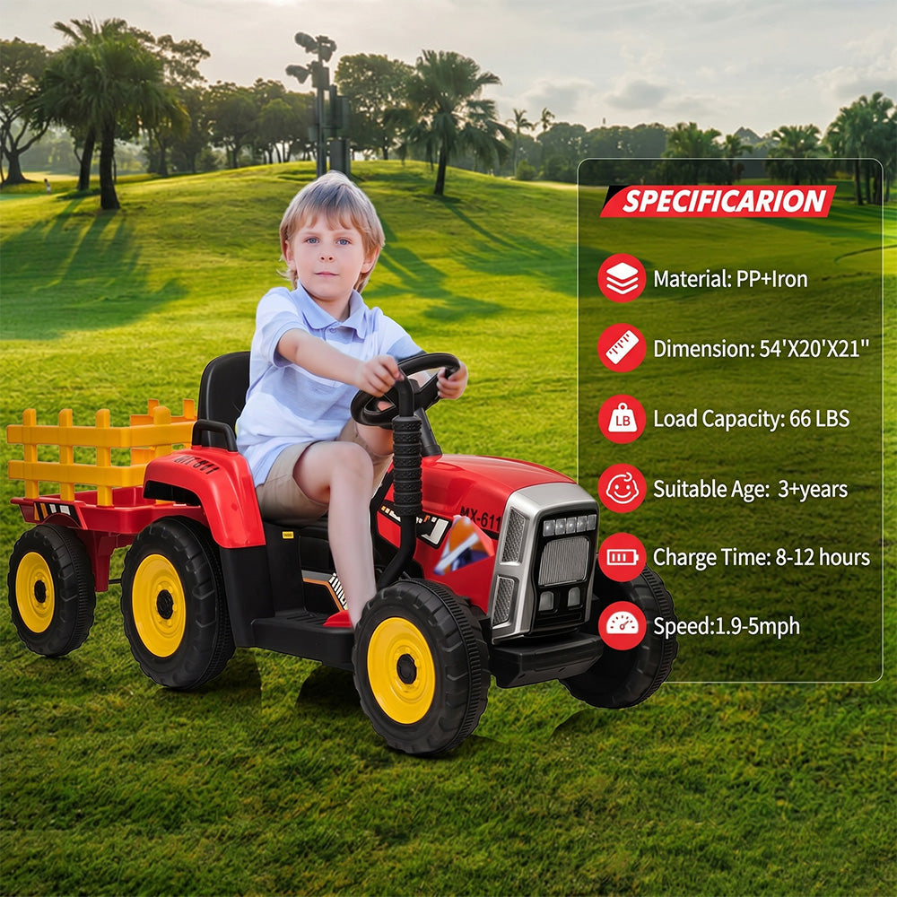 Garvee Ride - P Series: 12V Electric Tractor & Trailer for Kids, 3-6 Yrs - With RC - Red / 25W