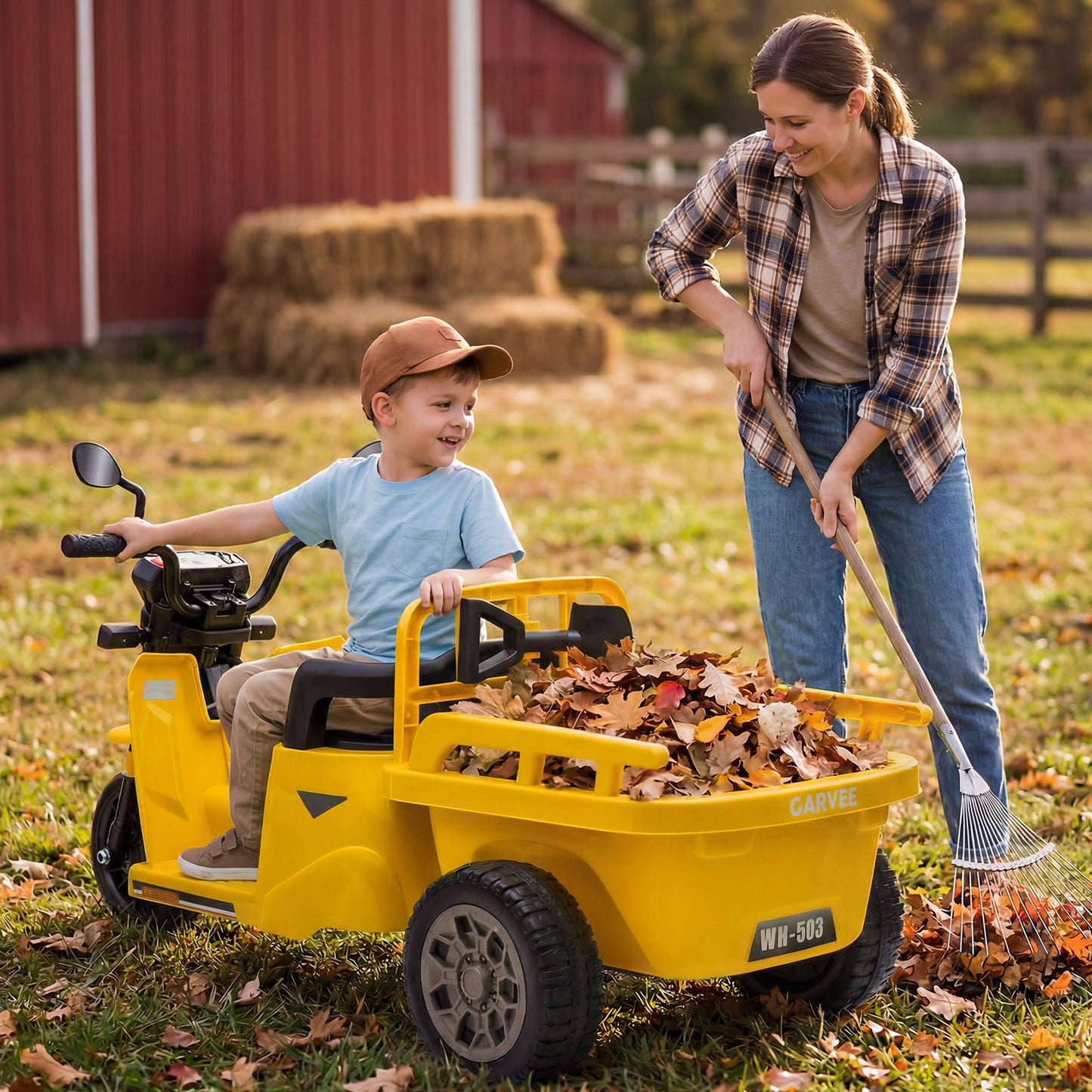 Garvee Ride P Series 3-Wheels Electric Tricycle w/Trailer, 12V Battery Powered Kids Motorcycle with Sand Shovel, 2x55W Motors, Bluetooth, Music, Headlight, Ride on Motorcycle for Kids Toddlers, Gift for Boys Girls, Yellow