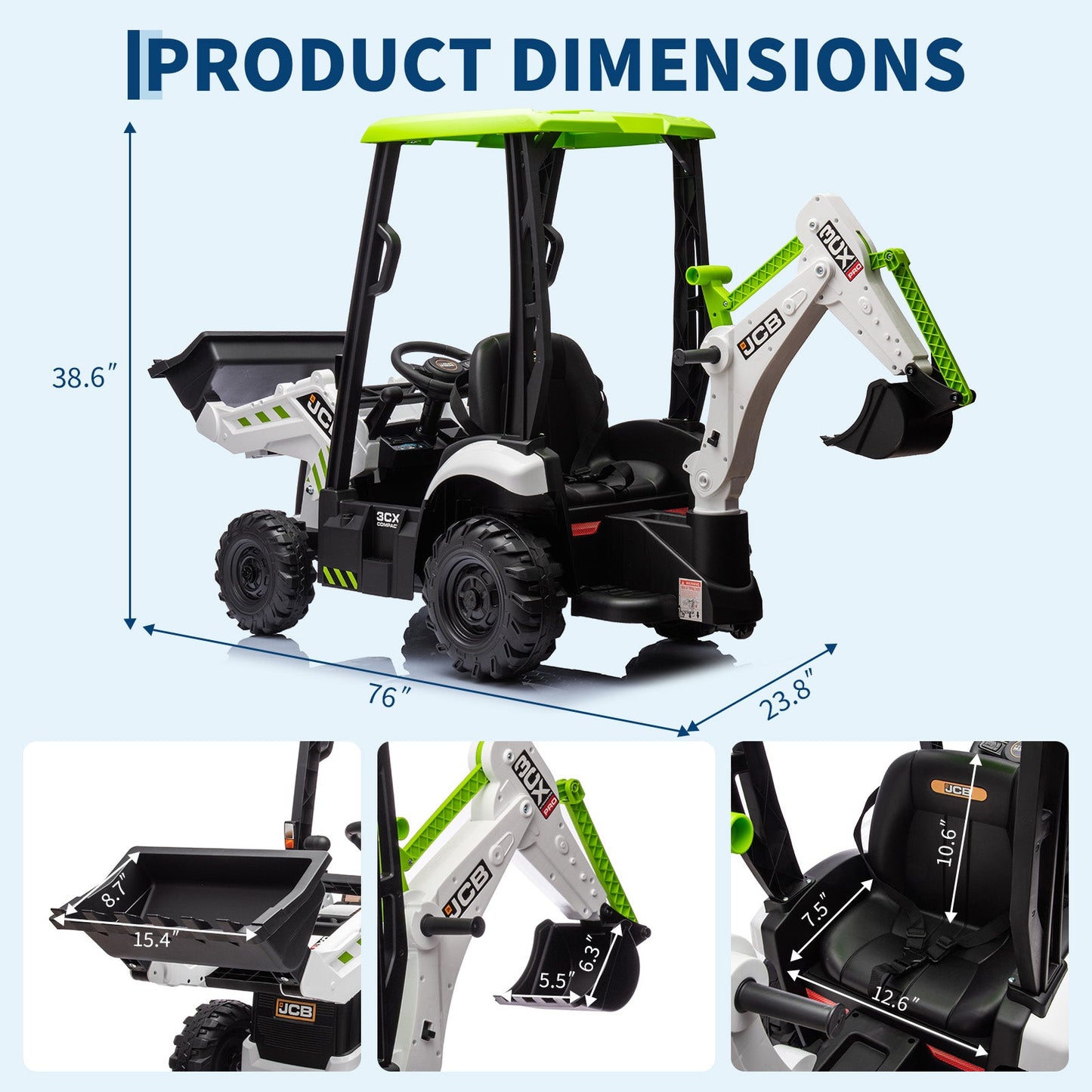 Garvee Ride - P Series: 4-in-1 Ride-On Tractor for Kids: Excavator, Bulldozer, Removable Tent, 12V Battery, Remote Control, Front Loader, Horn, EVA Tires - White