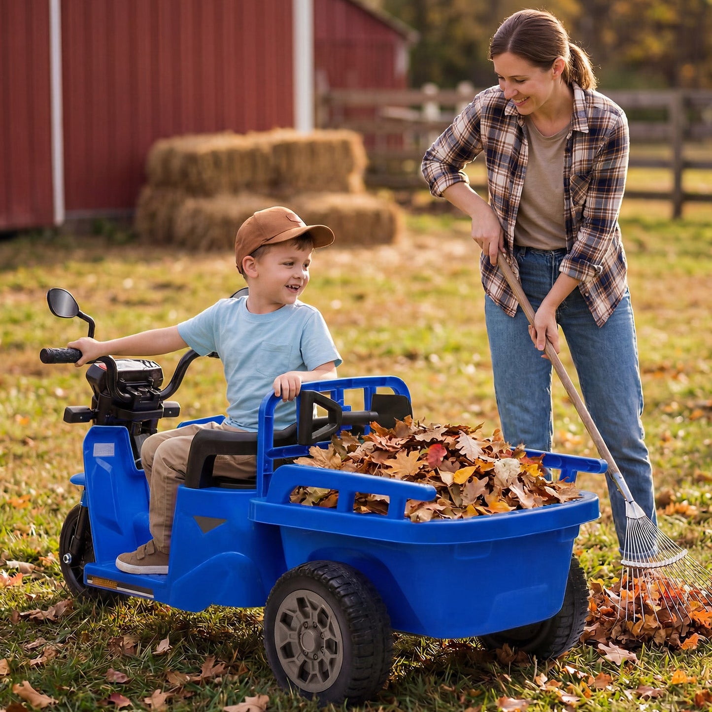 Garvee Ride P Series 3-Wheels Electric Tricycle w/Trailer, 12V Battery Powered Kids Motorcycle with Sand Shovel, 2x55W Motors, Bluetooth, Music, Headlight, Ride on Motorcycle for Kids Toddlers, Gift for Boys Girls, Dark Blue