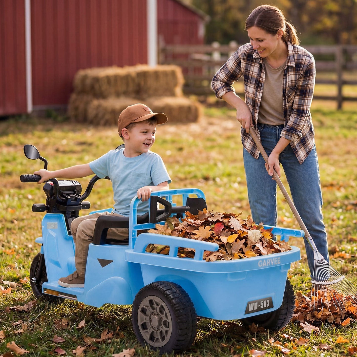 Garvee Ride P Series 3-Wheels Electric Tricycle w/Trailer, 12V Battery Powered Kids Motorcycle with Sand Shovel, 2x55W Motors, Bluetooth, Music, Headlight, Ride on Motorcycle for Kids Toddlers, Gift for Boys Girls, Light Blue