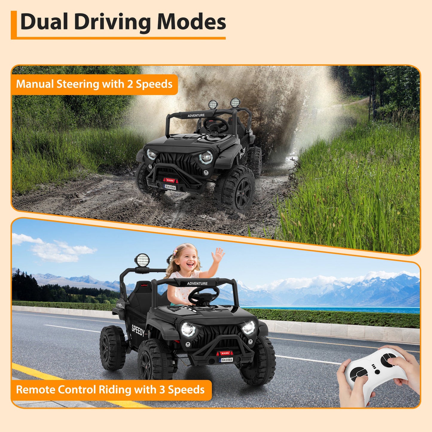 Garvee Ride P Series 24V Kids Toddler Ride On Truck 4WD 3 Speeds Large 7AH Battery Bluetooth MP3 Parent Safety Brake Red Outdoor Play - Black