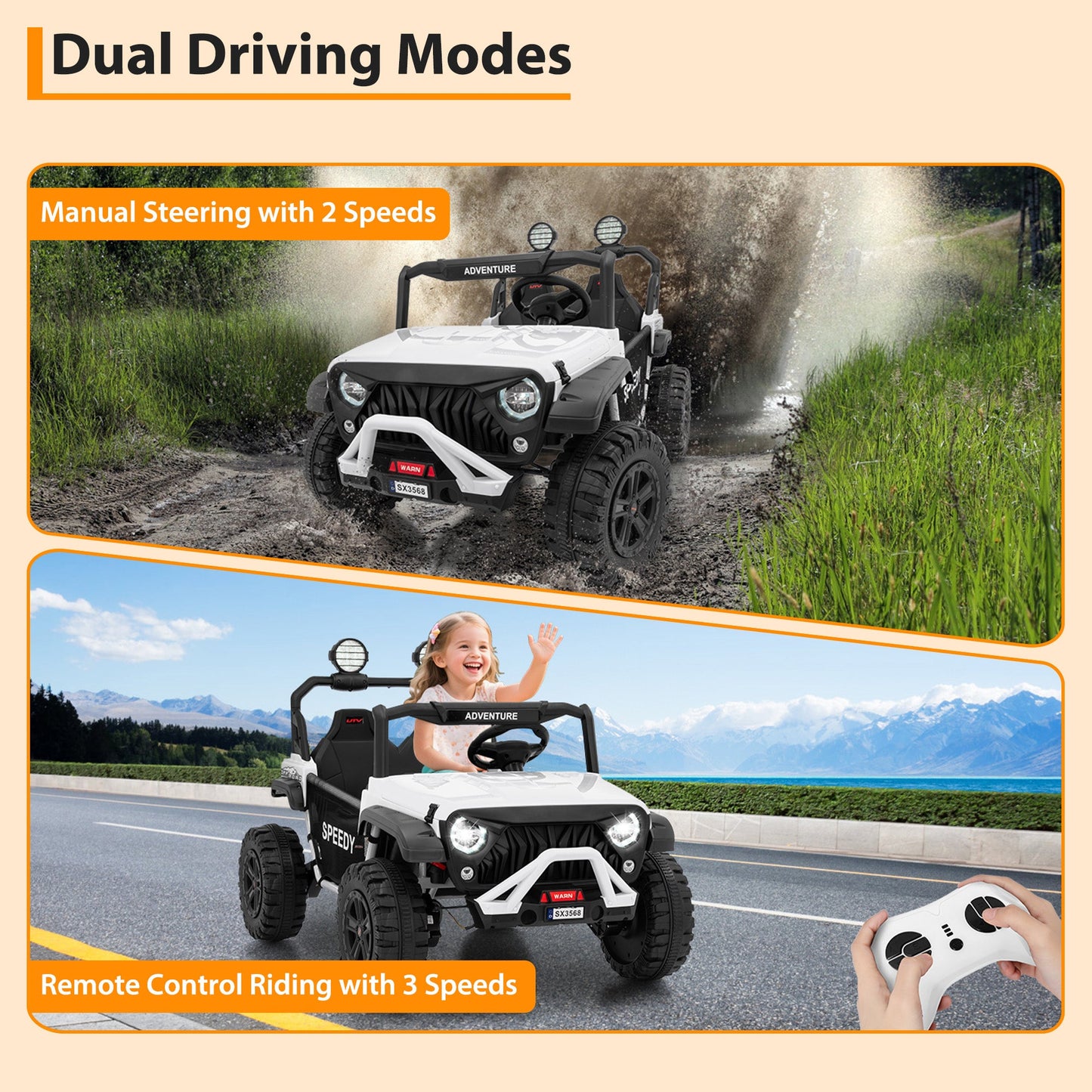 Garvee Ride P Series 24V Kids Toddler Ride On Truck 4WD 3 Speeds Large 7AH Battery Bluetooth MP3 Parent Safety Brake Red Outdoor Play - White