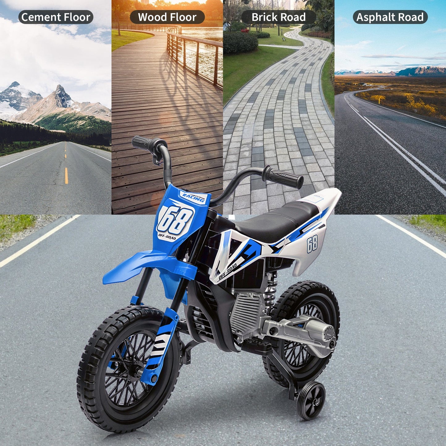 Garvee Ride - P Series: 12V Kids Electric Dirt Bike, 25W*2 Motor, Twist Grip Throttle, Spring Suspension, Training Wheels, Ride-On Toy - Blue