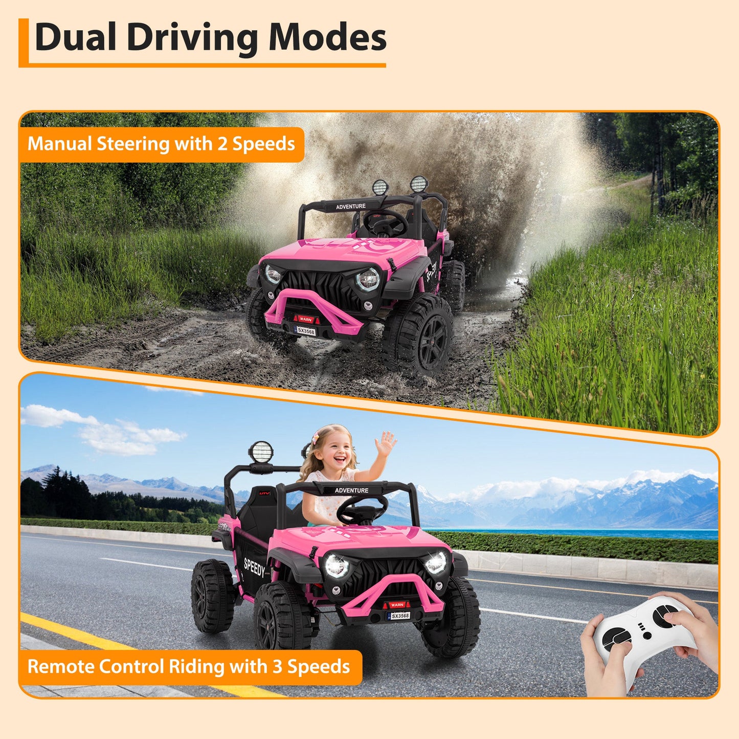 Garvee Ride P Series 24V Kids Toddler Ride On Truck 4WD 3 Speeds Large 7AH Battery Bluetooth MP3 Parent Safety Brake Red Outdoor Play - Pink