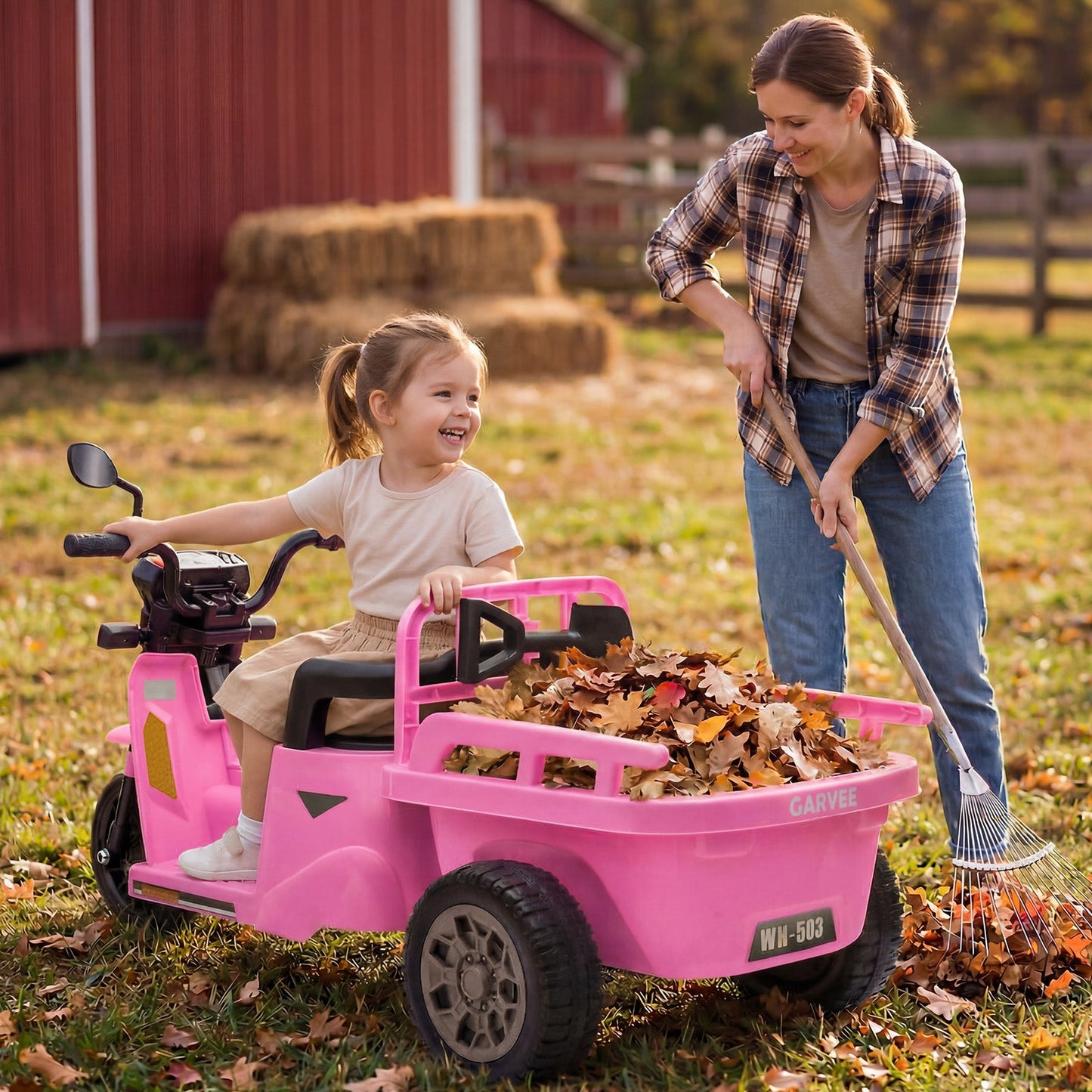 Garvee Ride P Series 3-Wheels Electric Tricycle w/Trailer, 12V Battery Powered Kids Motorcycle with Sand Shovel, 2x55W Motors, Bluetooth, Music, Headlight, Ride on Motorcycle for Kids Toddlers, Gift for Boys Girls, Pink