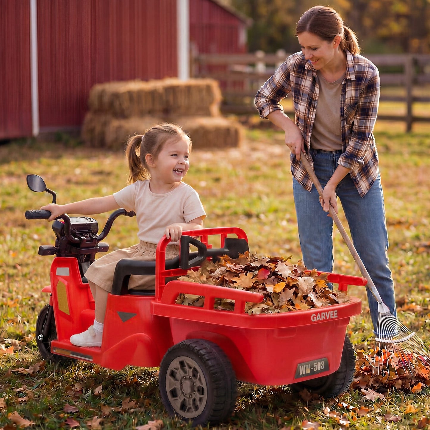 Garvee Ride P Series 3-Wheels Electric Tricycle w/Trailer, 12V Battery Powered Kids Motorcycle with Sand Shovel, 2x55W Motors, Bluetooth, Music, Headlight, Ride on Motorcycle for Kids Toddlers, Gift for Boys Girls,  Red
