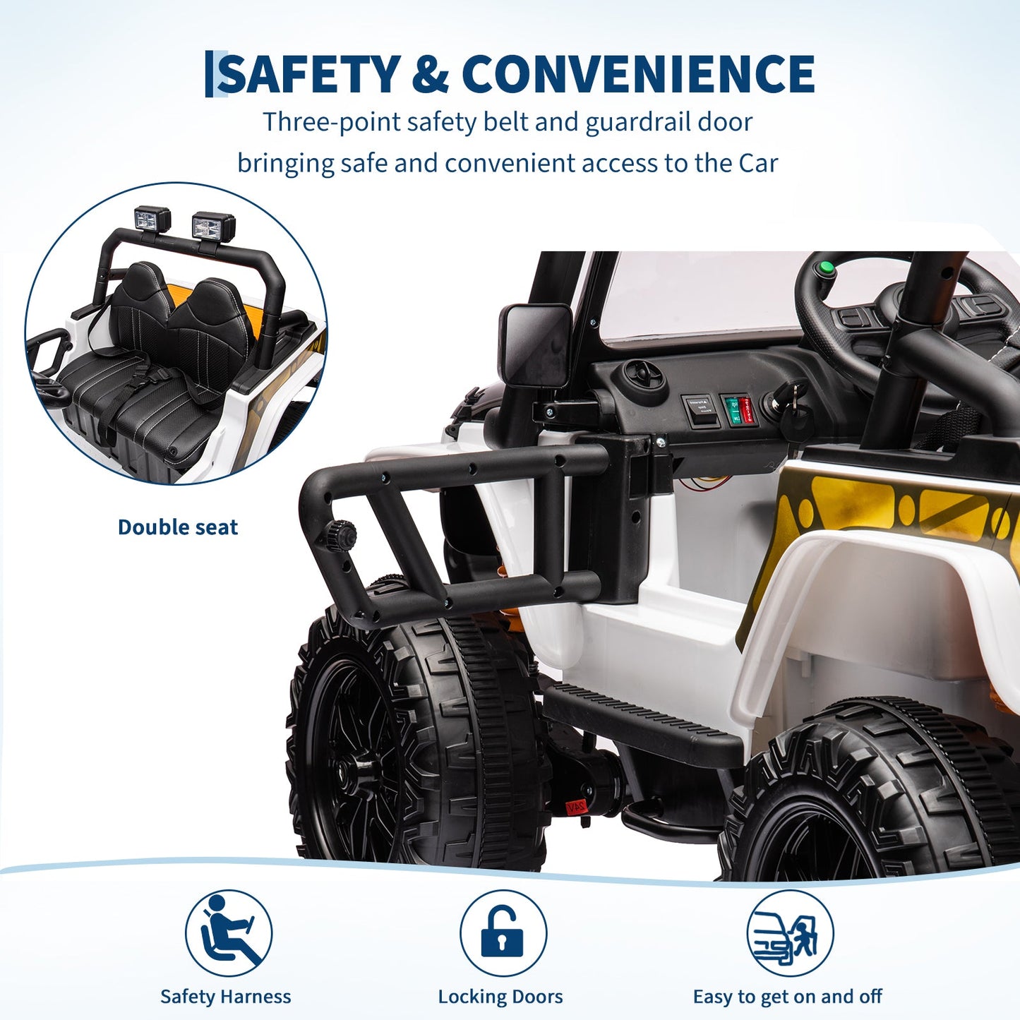 Garvee Ride - P Series: 24V 2 Seater Ride On Truck Car For Kid age 3 - 8 years, w/Remote Control, 4-Wheeler Suspension, 4x55W Powerful Engine, 4WD Battery Powered, LED Lights, Soft Braking - Black and White Mix