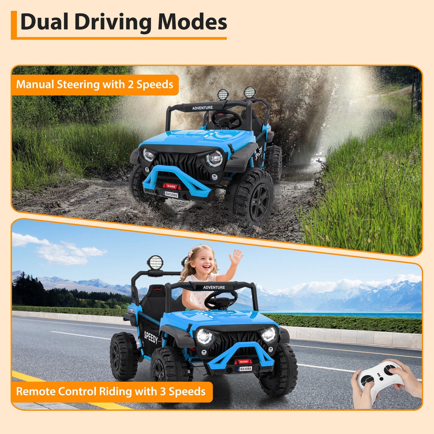 Garvee Ride P Series 24V Kids Toddler Ride On Truck 4WD 3 Speeds Large 7AH Battery Bluetooth MP3 Parent Safety Brake Red Outdoor Play - Blue