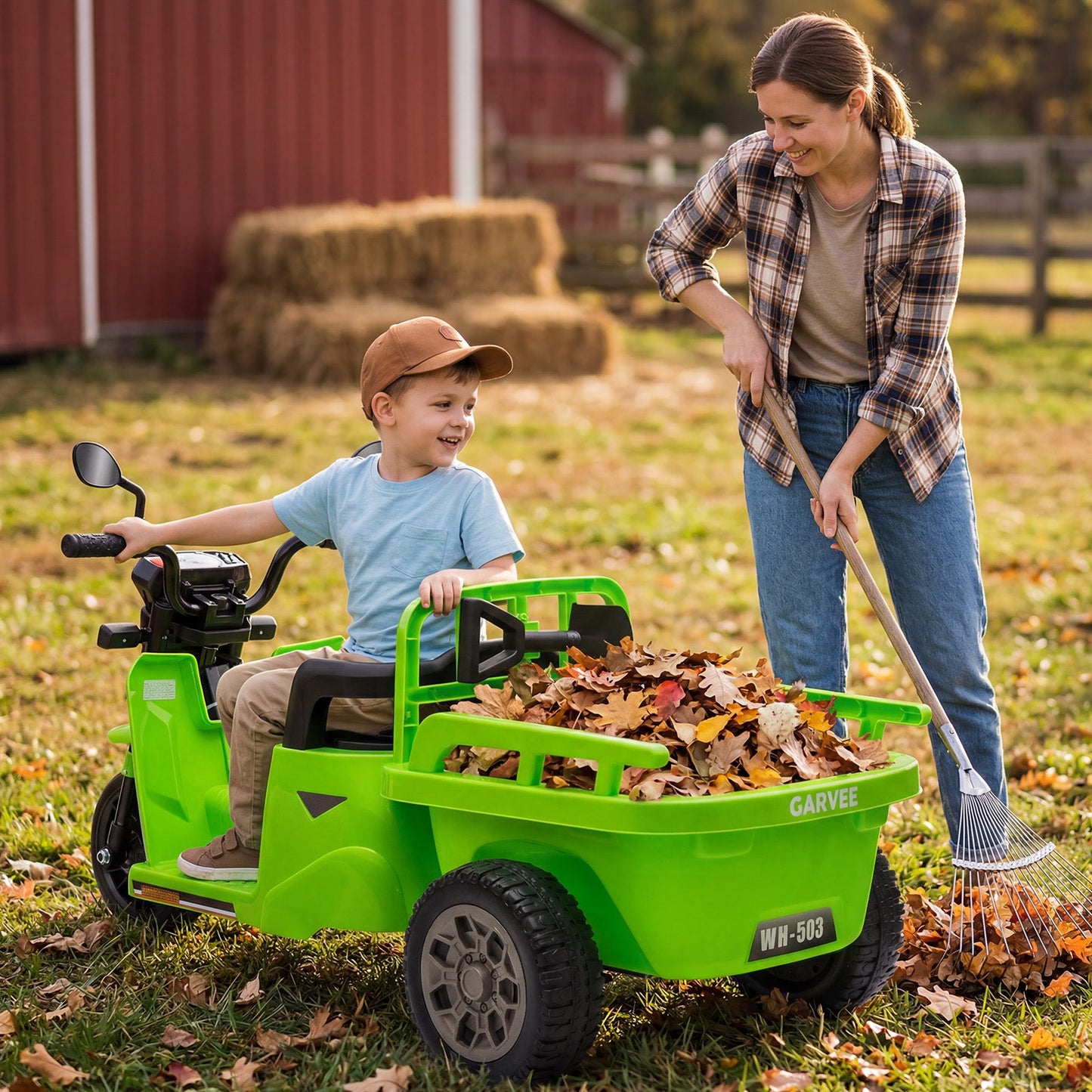Garvee Ride P Series 3-Wheels Electric Tricycle w/Trailer, 12V Battery Powered Kids Motorcycle with Sand Shovel, 2x55W Motors, Bluetooth, Music, Headlight, Ride on Motorcycle for Kids Toddlers, Gift for Boys Girls, Green