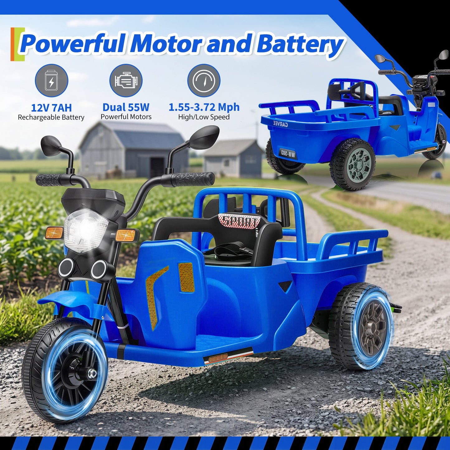 Garvee Ride P Series 3-Wheels Electric Tricycle w/Trailer, 12V Battery Powered Kids Motorcycle with Sand Shovel, 2x55W Motors, Bluetooth, Music, Headlight, Ride on Motorcycle for Kids Toddlers, Gift for Boys Girls, Dark Blue