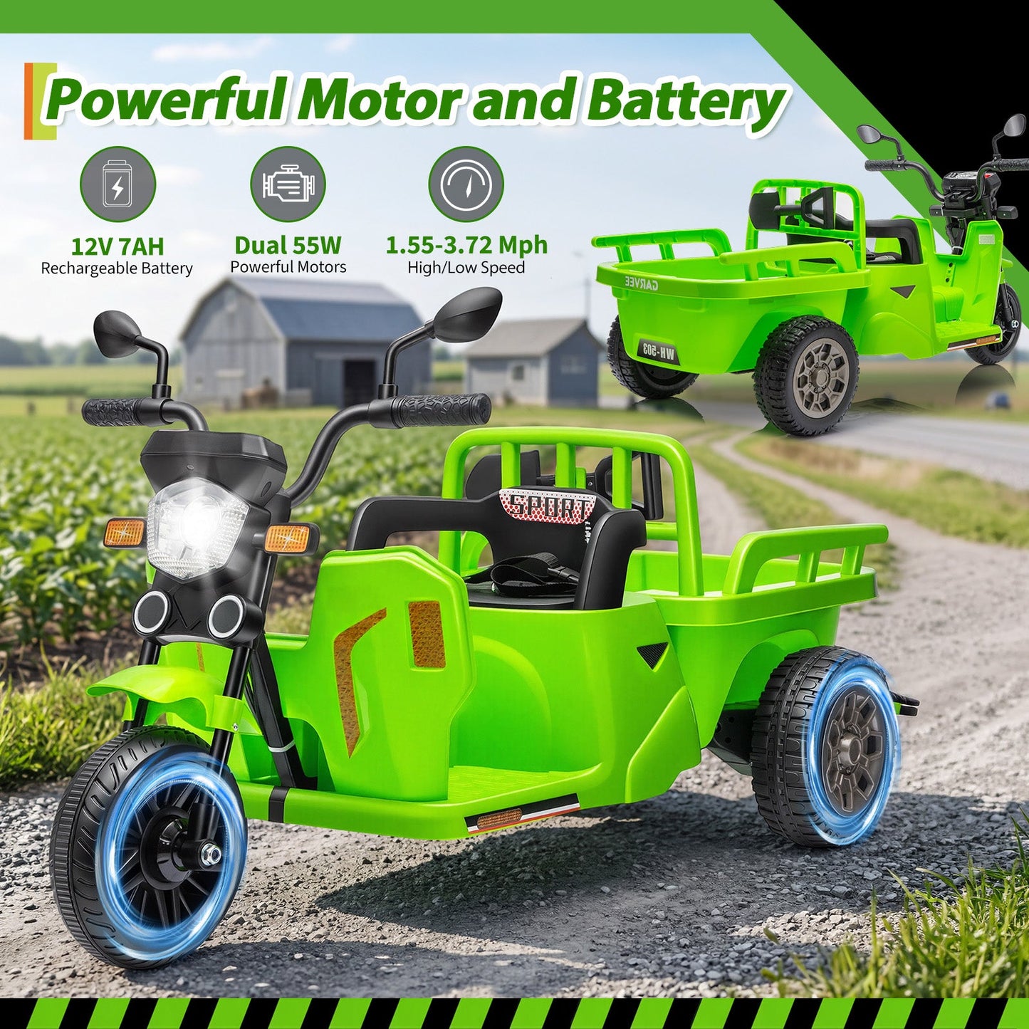 Garvee Ride P Series 3-Wheels Electric Tricycle w/Trailer, 12V Battery Powered Kids Motorcycle with Sand Shovel, 2x55W Motors, Bluetooth, Music, Headlight, Ride on Motorcycle for Kids Toddlers, Gift for Boys Girls, Green