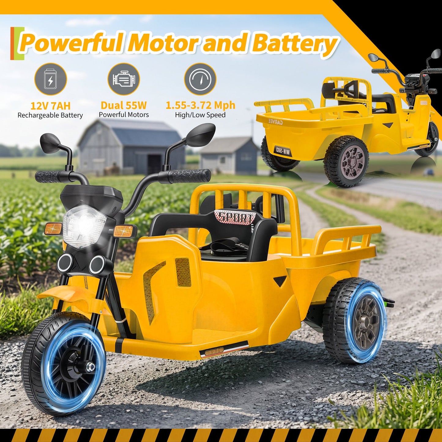 Garvee Ride P Series 3-Wheels Electric Tricycle w/Trailer, 12V Battery Powered Kids Motorcycle with Sand Shovel, 2x55W Motors, Bluetooth, Music, Headlight, Ride on Motorcycle for Kids Toddlers, Gift for Boys Girls, Yellow