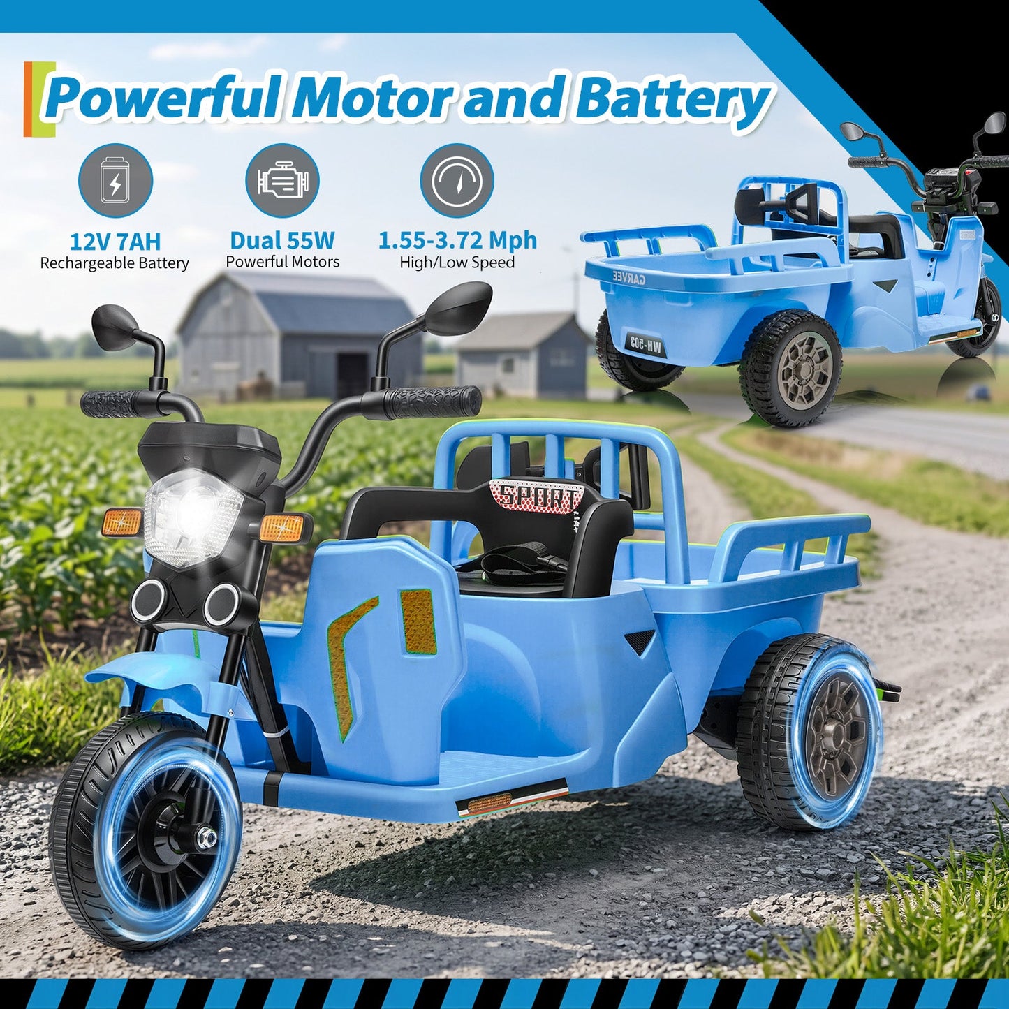 Garvee Ride P Series 3-Wheels Electric Tricycle w/Trailer, 12V Battery Powered Kids Motorcycle with Sand Shovel, 2x55W Motors, Bluetooth, Music, Headlight, Ride on Motorcycle for Kids Toddlers, Gift for Boys Girls, Light Blue
