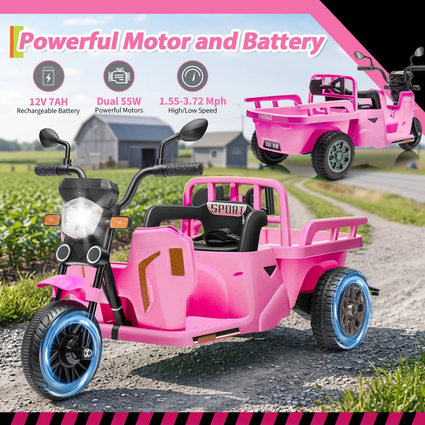 Garvee Ride P Series 3-Wheels Electric Tricycle w/Trailer, 12V Battery Powered Kids Motorcycle with Sand Shovel, 2x55W Motors, Bluetooth, Music, Headlight, Ride on Motorcycle for Kids Toddlers, Gift for Boys Girls, Pink