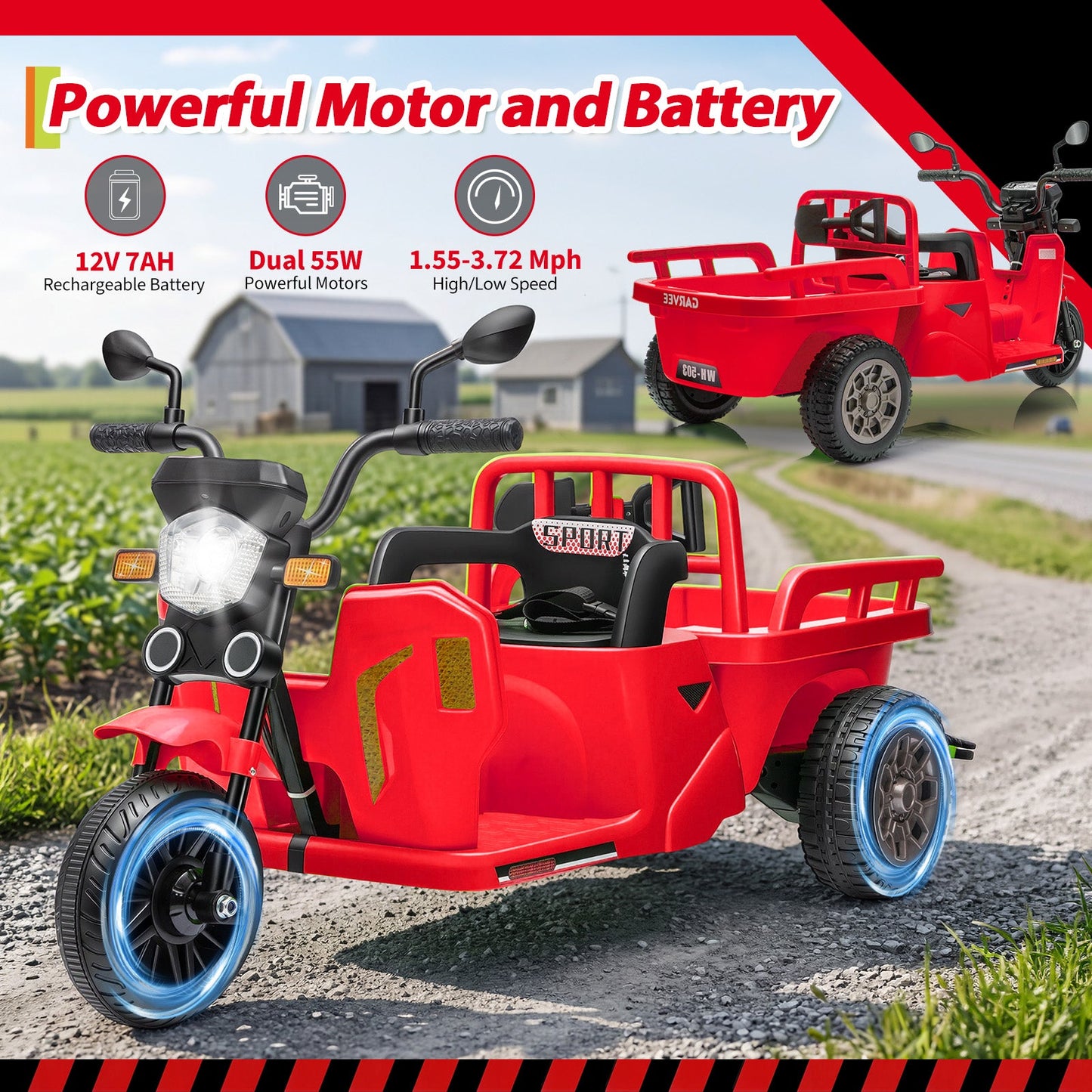 Garvee Ride P Series 3-Wheels Electric Tricycle w/Trailer, 12V Battery Powered Kids Motorcycle with Sand Shovel, 2x55W Motors, Bluetooth, Music, Headlight, Ride on Motorcycle for Kids Toddlers, Gift for Boys Girls,  Red