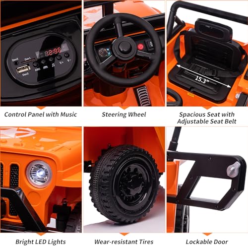 Garvee Ride - P Series: 12V Kids Ride On Truck Car, Electric Ride On Car with Remote Control, Spring Suspension, Various Speeds, LED Lights, Music, and Safety Belt, Electric Ride On Toys for Kids 3+ - Orange