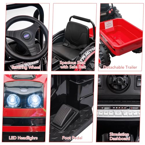 Garvee Ride - P Series: 12V Electric Ride-On Tractor for Kids with Trailer, Remote Control, Music, LED Lights, and Rear Wheel Suspension - Battery Powered Toy Vehicle - Red