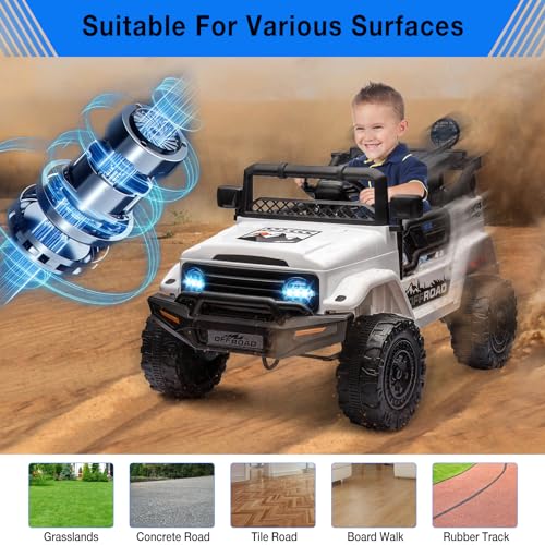 Garvee Ride - P Series: 12V Power Wheel Electric Car for Kids, Ride on Toys with Led Lights Bluetooth, 3 Speeds, Spring Suspension - White