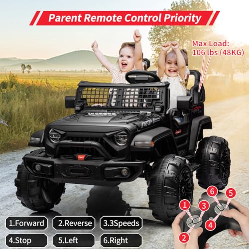 Garvee Ride - P Series: 2 Seaters Kids Ride On Truck With Remote Control,20“ Large Seat Ride On Car for Toddlers, 24V 9AH Electric Vehicle Car With Led Light,Large Storage Space, Bottle Holder,Music, Horn for 3-8 Years,Black