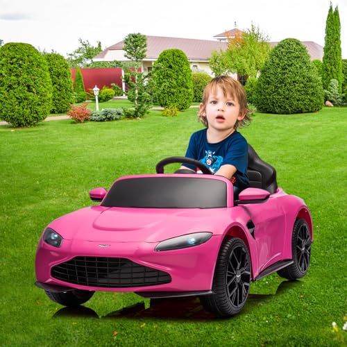 Garvee Ride - P Series: 12V Ride on Sports Car for Kids Licensed Aston Martin Battery Powered Car Toddles Ride on Toy with Remote Control, Horn, Soft Start, LED Lights, Music, USB, Electric Vehicle for Boys Girls (Pink)