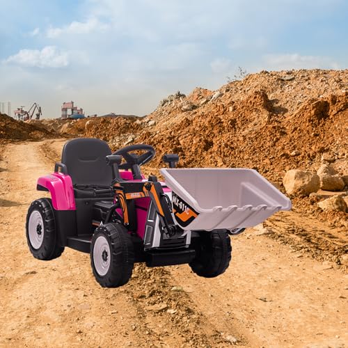 Garvee 12V Kids Ride on Car,Excavator with Bucket & Remote Control,Toddler Battery Powered Electric Vehicle,2+1 Gear Shift,3 Speeds,Music,Bluetooth,7-LED Headlights,Thread Tire,Rose