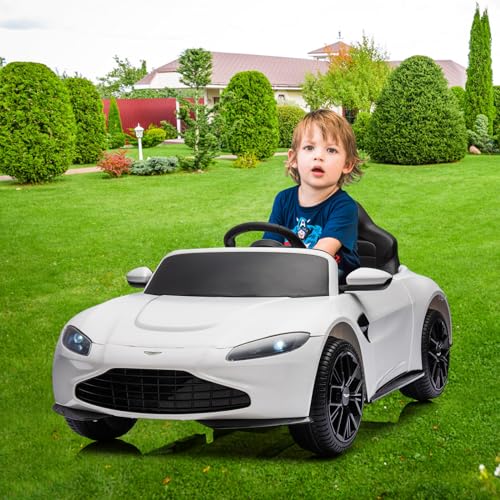 Garvee Ride - P Series: 12V Ride on Sports Car for Kids Licensed Aston Martin Battery Powered Car Toddles Ride on Toy with Remote Control, Horn, Soft Start, LED Lights, Music, USB, Electric Vehicle for Boys Girls (White)
