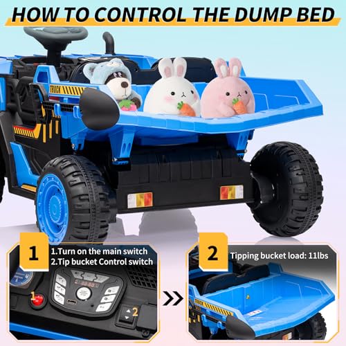 Garvee Ride - P Series: 24V Ride On Dump Truck,2 Seater Ride On Construction Vehicle with Remote Control, Electric Dump Bed and Extra Shovel,2WD/4WD Ride On Car Toy for Kids with Music Player,Up to 4.35Mph,Blue