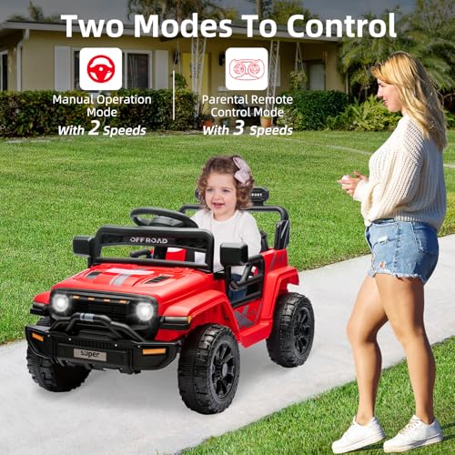 Garvee Ride - P Series: 12V Ride On Toy w/Parent Remote Control, Steering Wheel Music, 4-Wheel Spring Suspension, Led Lights, 2 Speeds, Kids Electric Vehicles for Age 3-5, Red