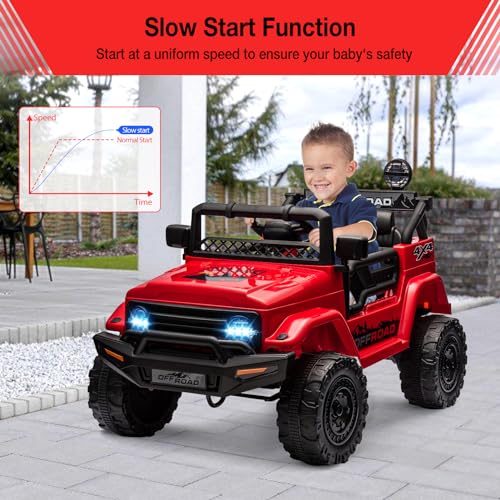 Garvee Ride - P Series: 12V Power Wheel Electric Car for Kids, Ride on Toys with Led Lights Bluetooth, 3 Speeds, Spring Suspension - Red