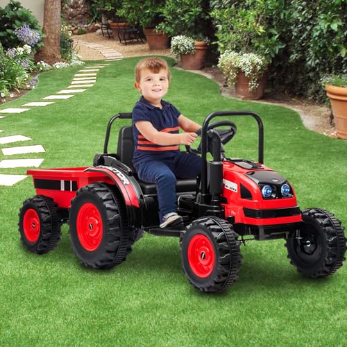 Garvee Ride - P Series: 12V Electric Ride-On Tractor for Kids with Trailer, Remote Control, Music, LED Lights, and Rear Wheel Suspension - Battery Powered Toy Vehicle - Red