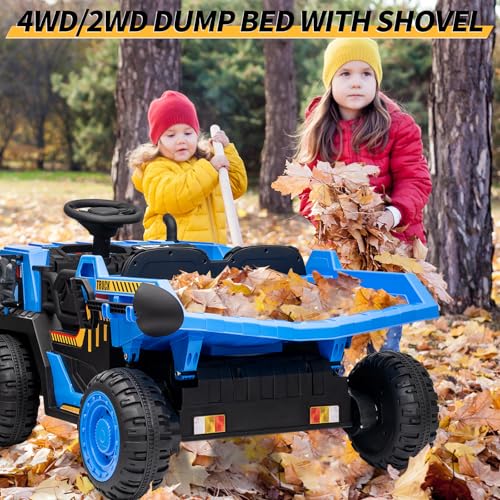 Garvee Ride - P Series: 24V Ride On Dump Truck,2 Seater Ride On Construction Vehicle with Remote Control, Electric Dump Bed and Extra Shovel,2WD/4WD Ride On Car Toy for Kids with Music Player,Up to 4.35Mph,Blue