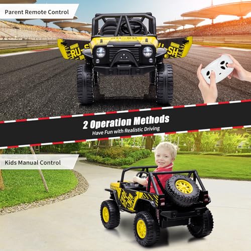 Garvee Ride - P Series: 2-Seater Ride On Truck for Kid, 24V Battery Powered Kids Car with Remote Control, 19" Extra Wide Seat, 2 Motors, Led Light, Enhanced Suspension - Yellow