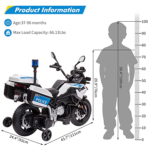 Garvee Ride P Series 12V BMW Police Motorcycle for Kids: 2 Speeds, LED Headlights, Spring Suspension, MP3, Music, Training Wheels, for Boys and Girls - White