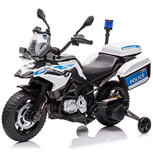 Garvee Ride P Series 12V BMW Police Motorcycle for Kids: 2 Speeds, LED Headlights, Spring Suspension, MP3, Music, Training Wheels, for Boys and Girls - White
