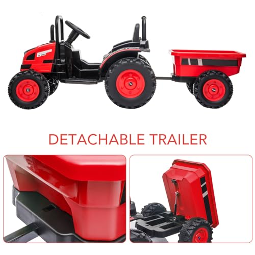 Garvee Ride - P Series: 12V Electric Ride-On Tractor for Kids with Trailer, Remote Control, Music, LED Lights, and Rear Wheel Suspension - Battery Powered Toy Vehicle - Red