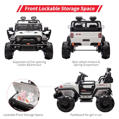 Garvee Ride - P Series: 2 Seaters Kids Ride On Truck With Remote Control,20“ Large Seat Ride On Car for Toddlers, 24V 9AH Electric Vehicle Car With Led Light,Large Storage Space, Bottle Holder,Music, Horn for 3-8 Years,White