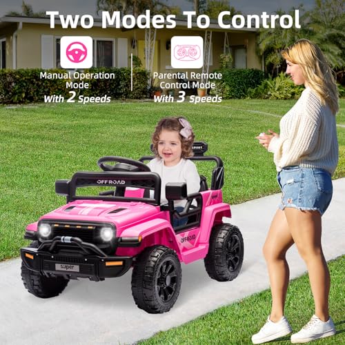 Garvee Ride - P Series: 12V Ride On Toy w/Parent Remote Control, Steering Wheel Music, 4-Wheel Spring Suspension, Led Lights, 2 Speeds, Kids Electric Vehicles for Age 3-5, Pink