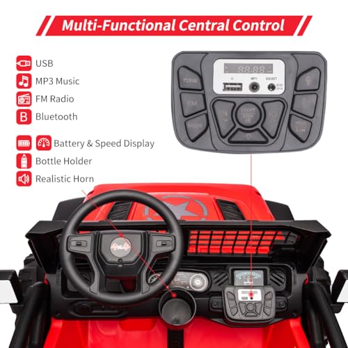 Garvee Ride - P Series: 2 Seaters Kids Ride On Truck with Remote Control,20“ Large Seat Ride On Car for Toddlers, 24V 9AH Electric Vehicle Car with Led Light,Large Storage Space, Bottle Holder,Music, Horn for 3-8 Years,Red
