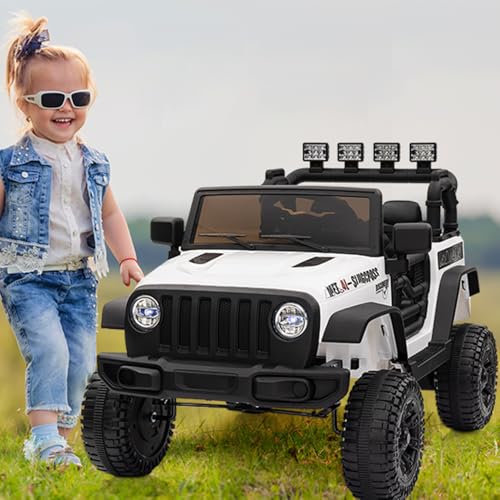 Garvee Ride - P Series: 12V Kids Electric Vehicles with Remote Control, 2 Speeds, Spring Suspension, LED Headlight, Bluetooth, Music, Battery Powered Car for Kids - White