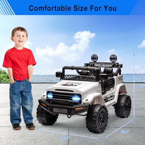 Garvee Ride - P Series: 12V Power Wheel Electric Car for Kids, Ride on Toys with Led Lights Bluetooth, 3 Speeds, Spring Suspension - White